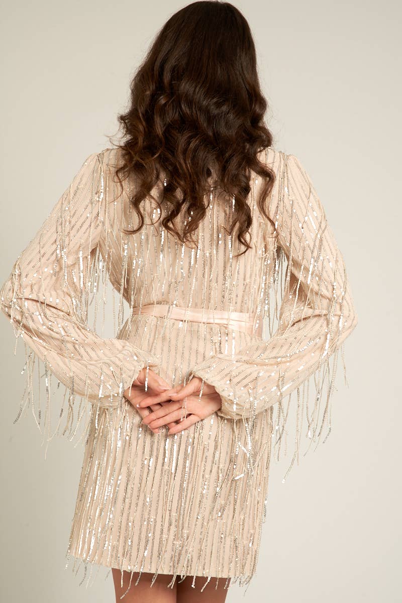 Sequin Fringe Mini Dress with Belt