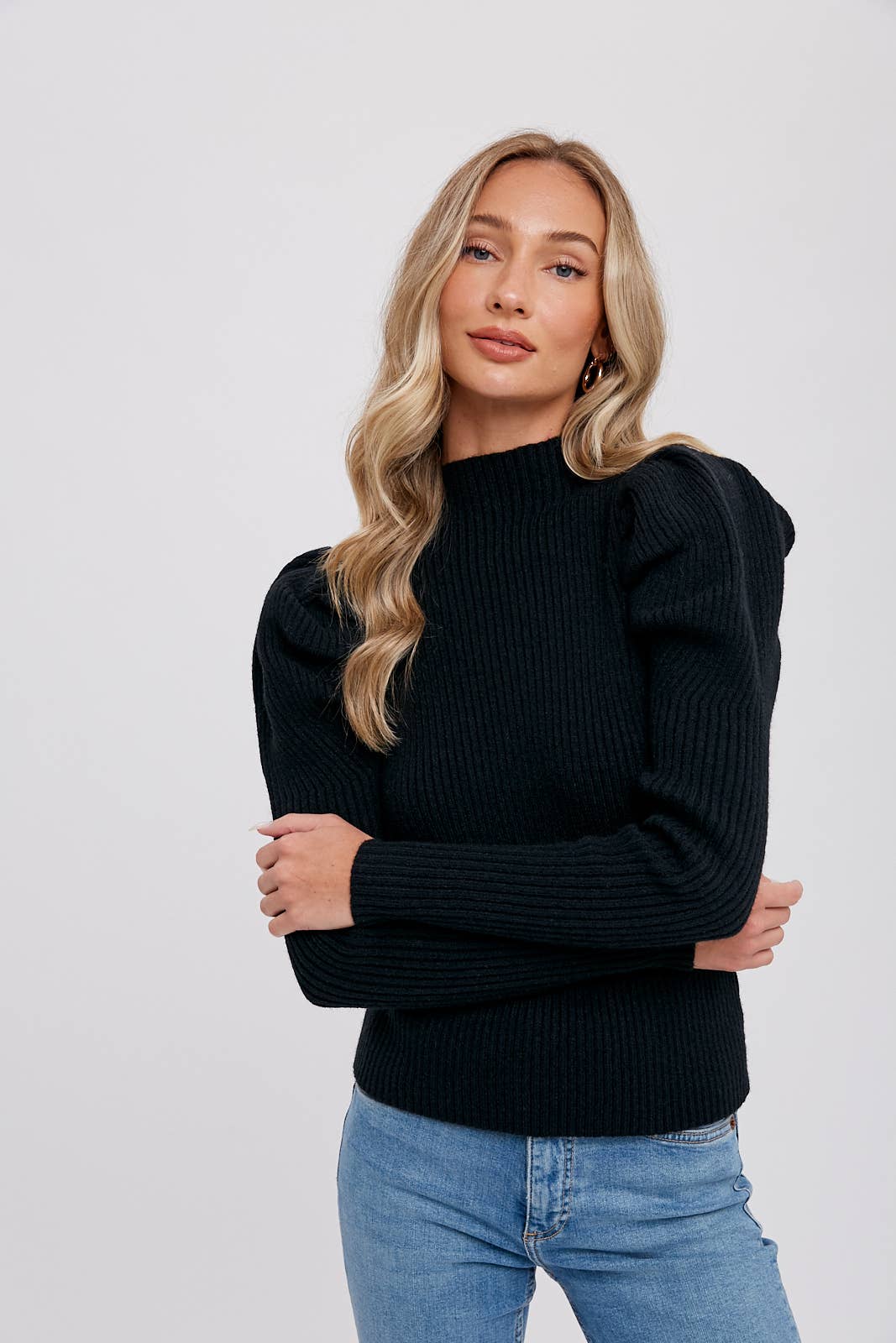 Puff Sleeve Mock Turtleneck