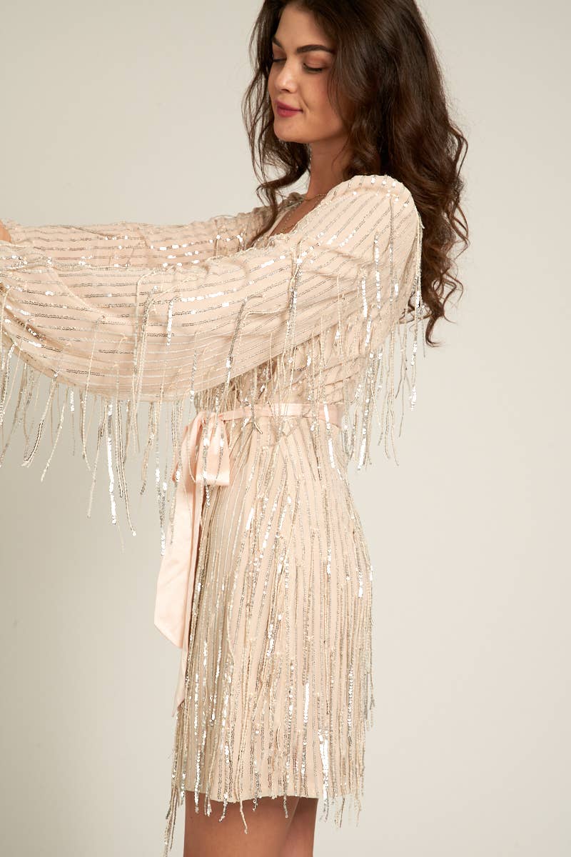 Sequin Fringe Mini Dress with Belt