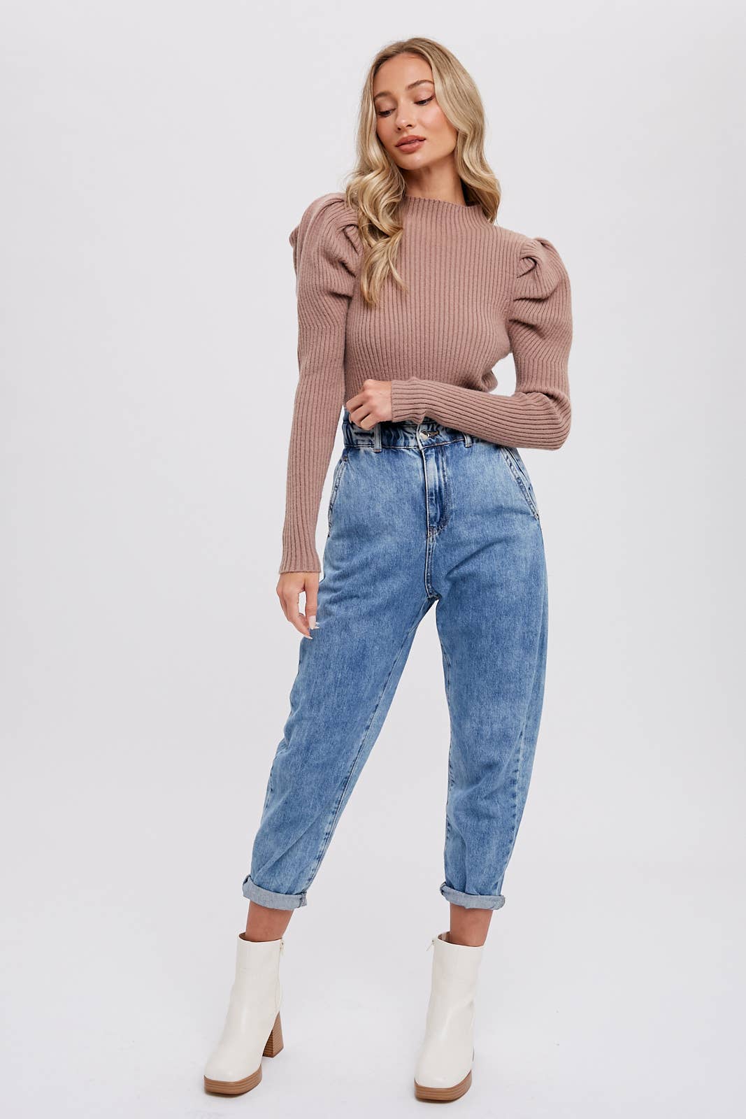 Puff Sleeve Mock Turtleneck