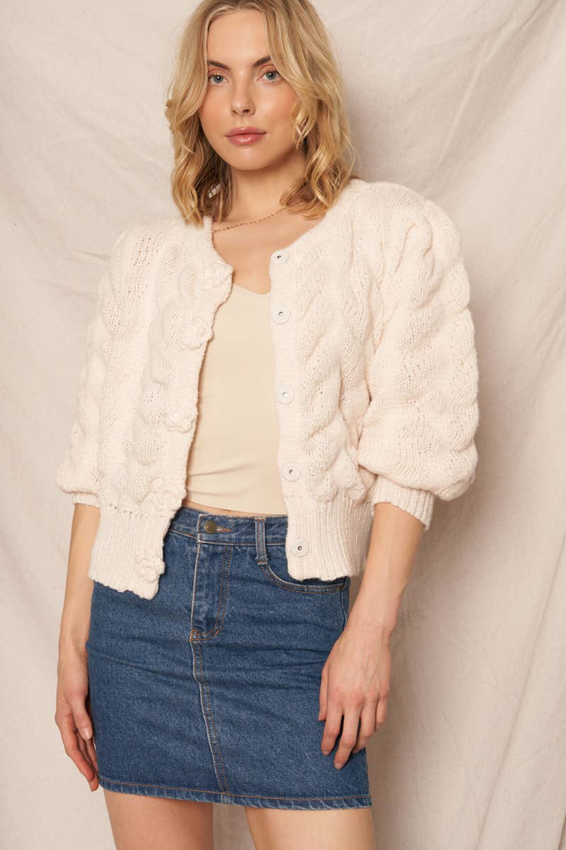 Cropped Flower Button Sweater Cardigan