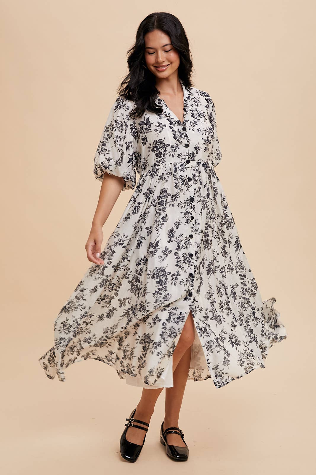 Floral Puff Sleeve Collared Maxi Dress