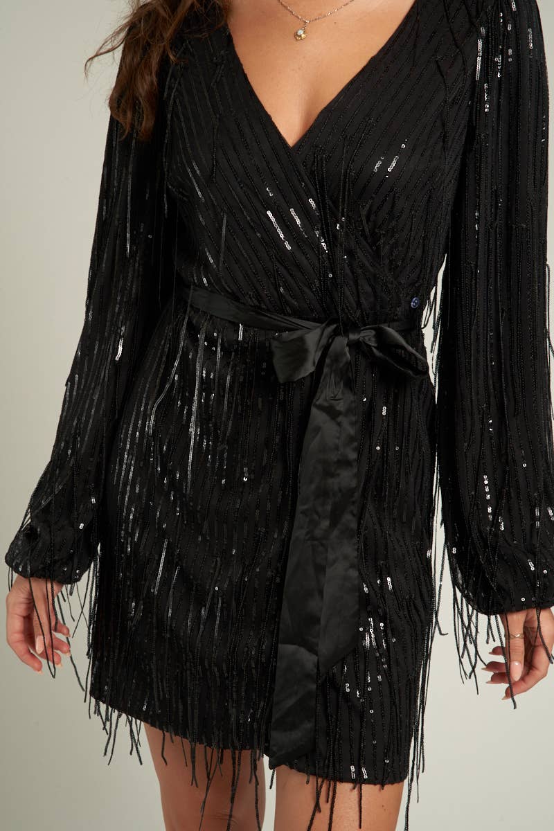 Sequin Fringe Mini Dress with Belt