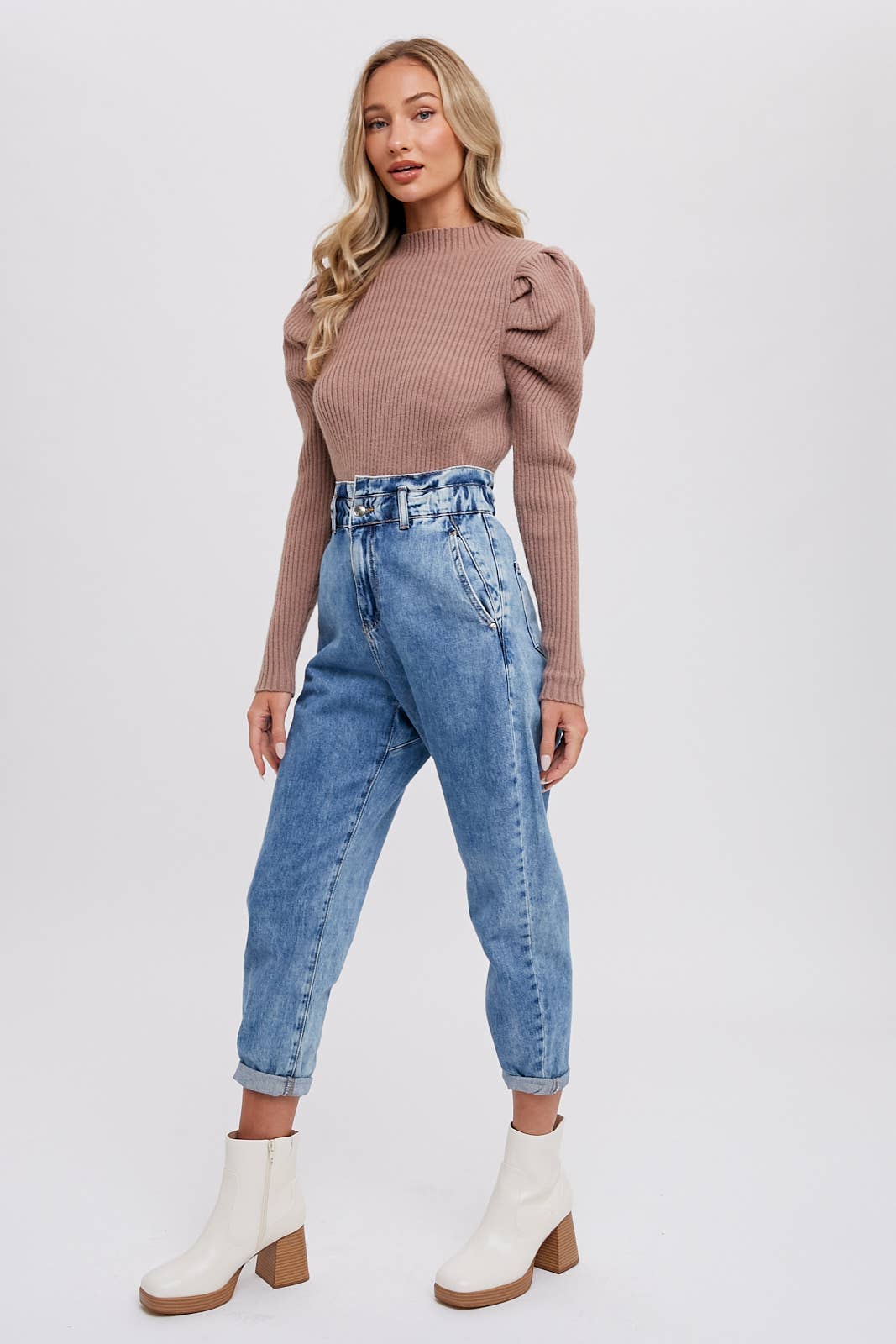 Puff Sleeve Mock Turtleneck