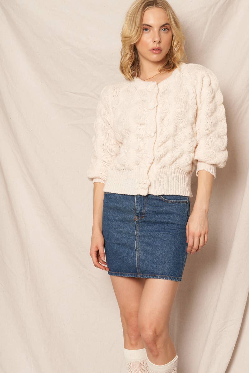 Cropped Flower Button Sweater Cardigan