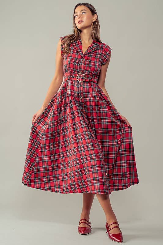 Tartan Plaid Gold Belted Dress