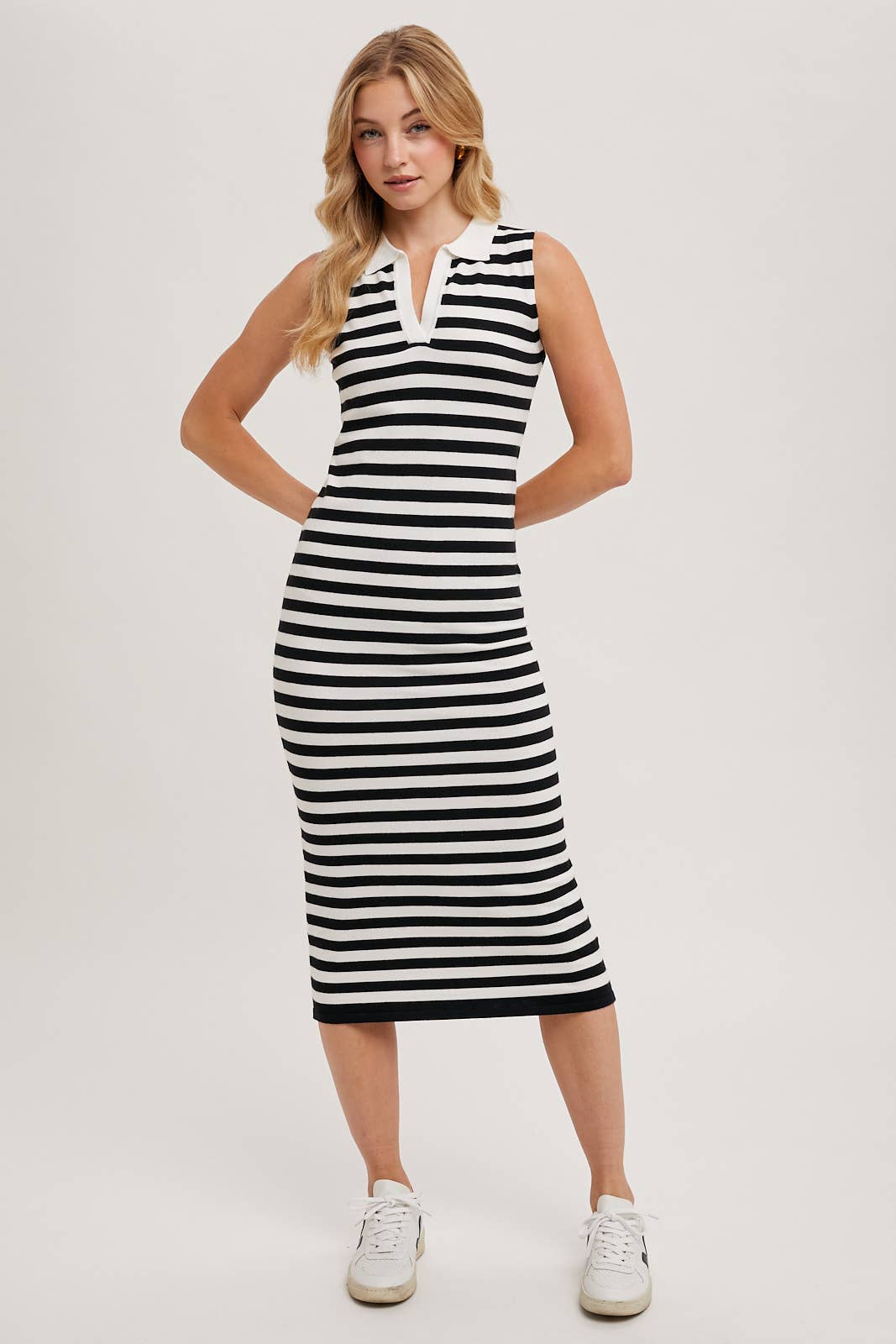 SLEEVELESS STRIPED CONTRAST MIDI DRESS