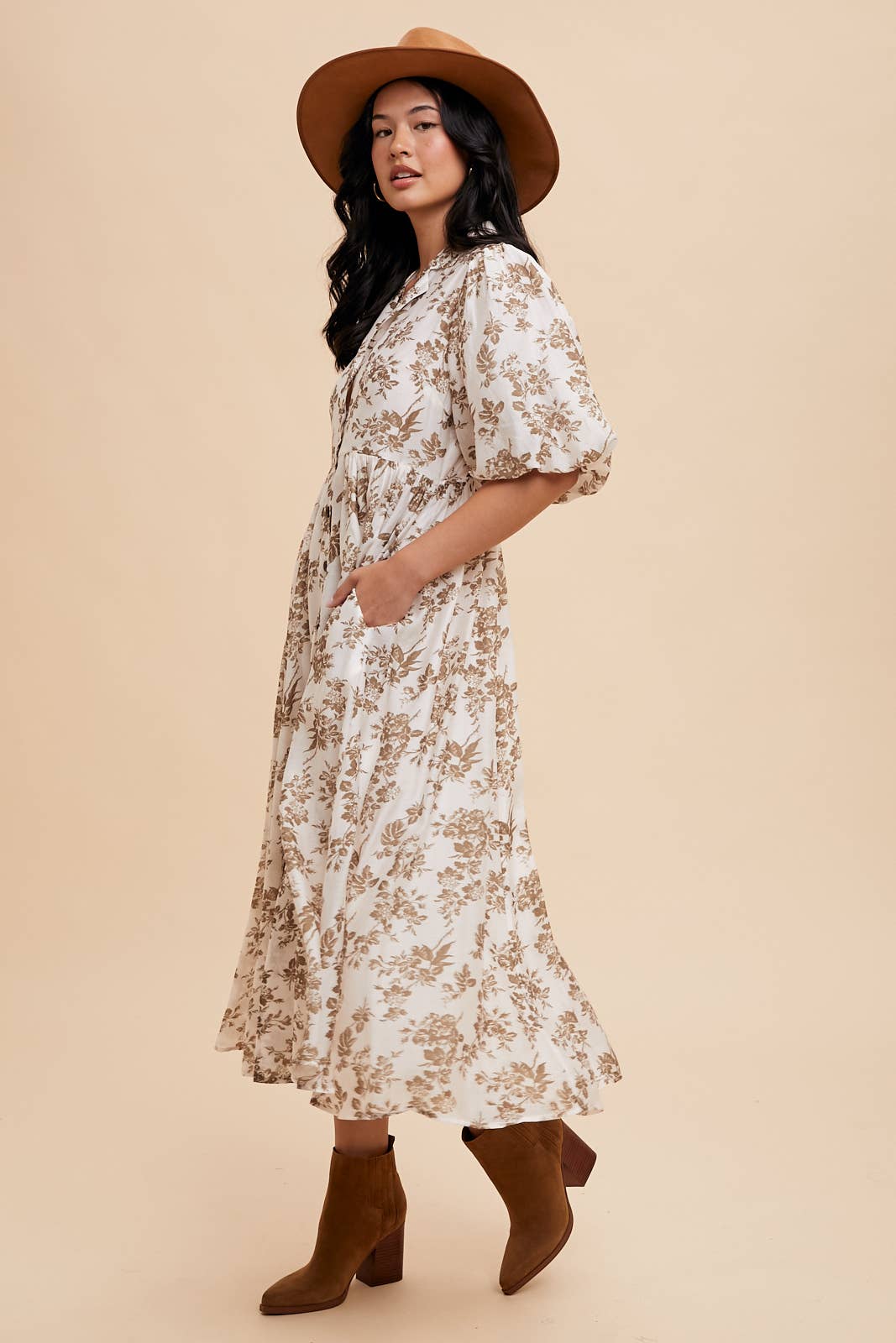 Floral Puff Sleeve Collared Maxi Dress