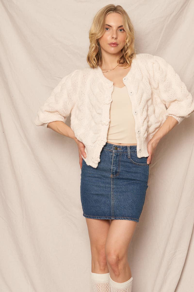 Cropped Flower Button Sweater Cardigan