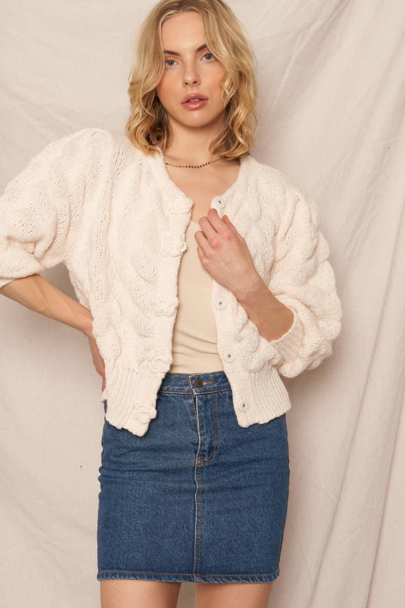 Cropped Flower Button Sweater Cardigan