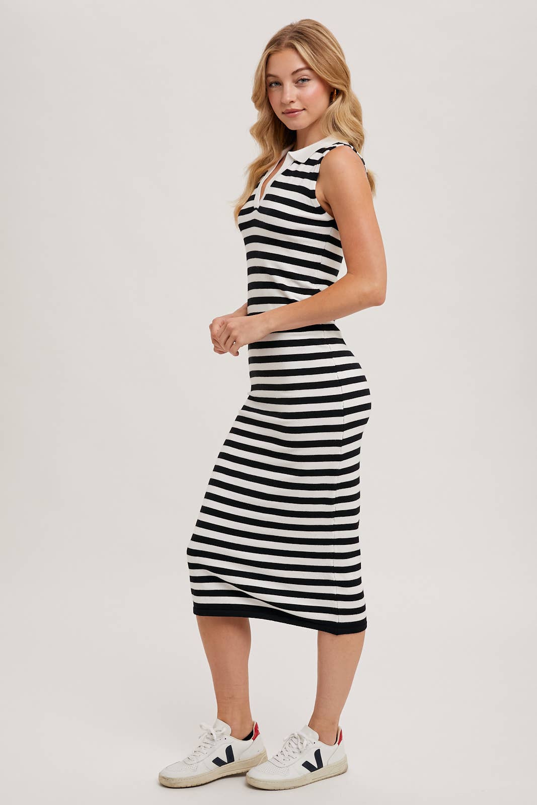 SLEEVELESS STRIPED CONTRAST MIDI DRESS