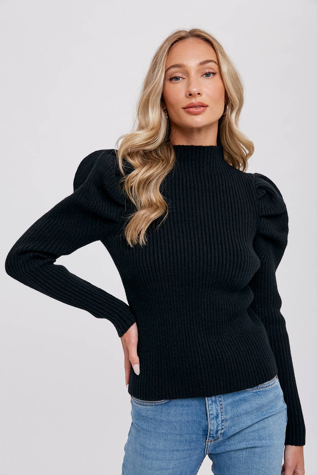 Puff Sleeve Mock Turtleneck