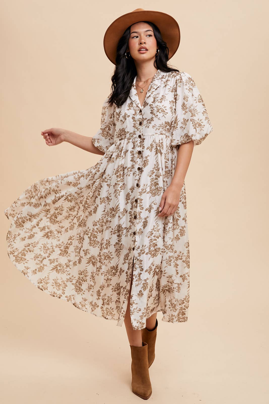 Floral Puff Sleeve Collared Maxi Dress