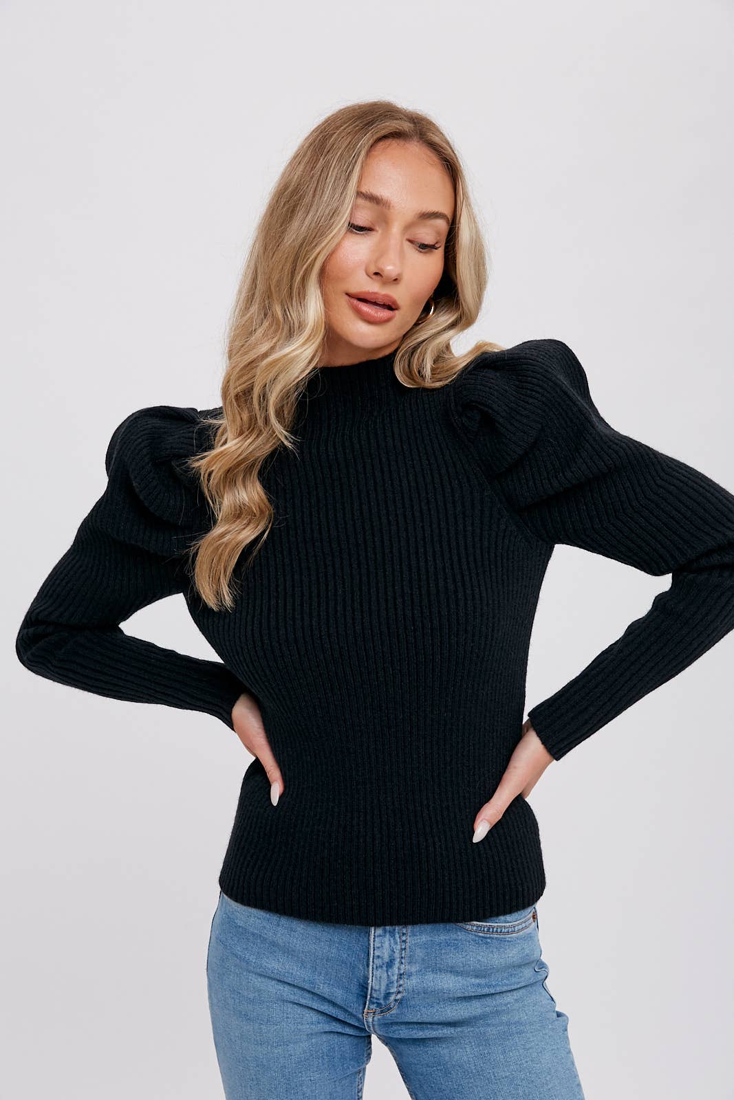 Puff Sleeve Mock Turtleneck