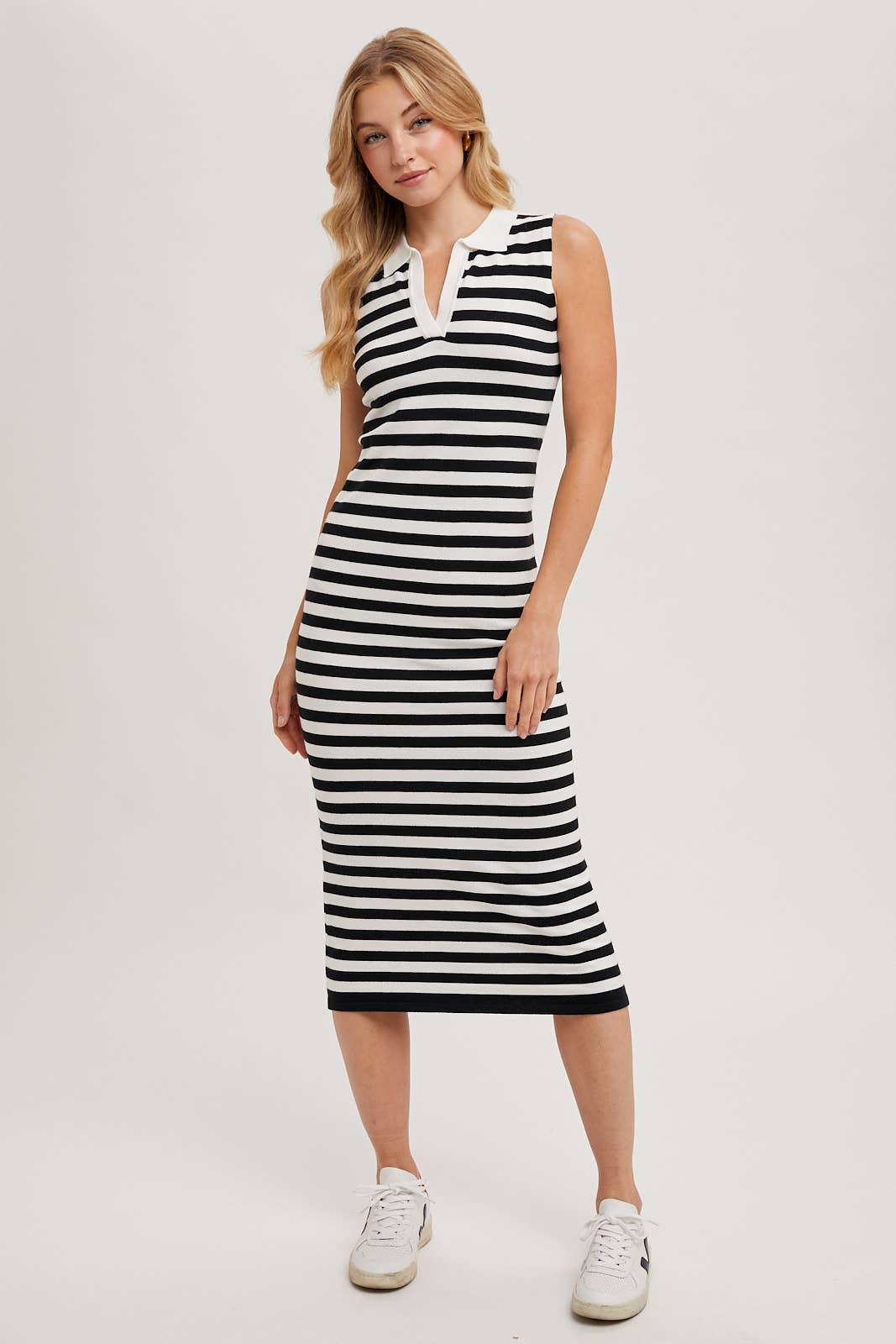 SLEEVELESS STRIPED CONTRAST MIDI DRESS