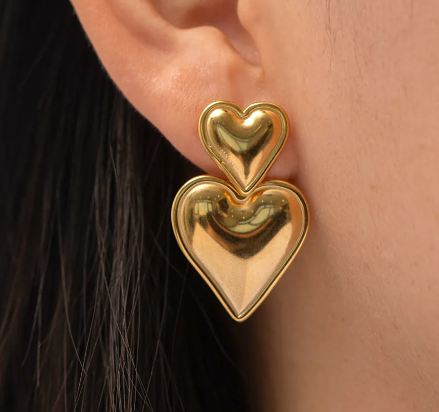 Heart Double Drop Stainless Steel Earring