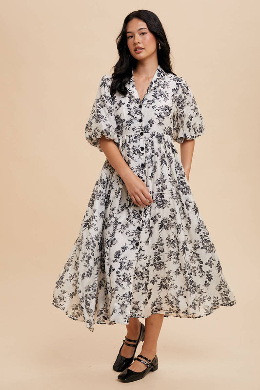 Floral Puff Sleeve Collared Maxi Dress