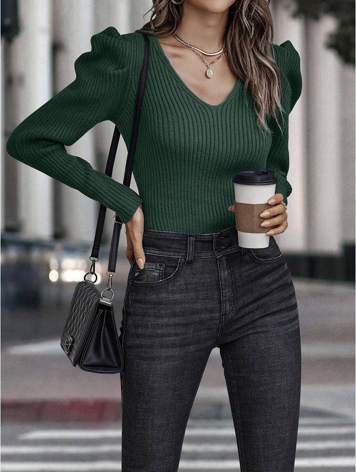 Ribbed Knit Puff Sleeve Sweater Top
