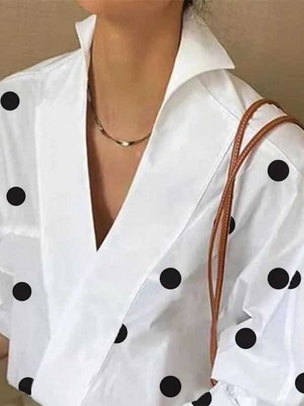 Loose Puff Sleeves Polka-Dot Lapel Collar Blouse