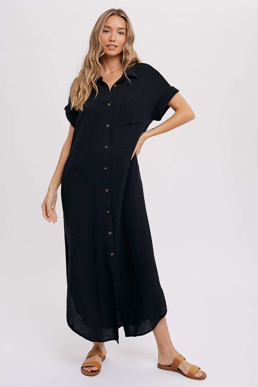 BUTTON UP MAXI SHIRT DRESS WITH POCKET