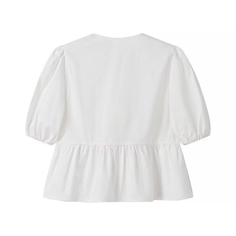 White Puff Sleeve Tie Bow Shirt