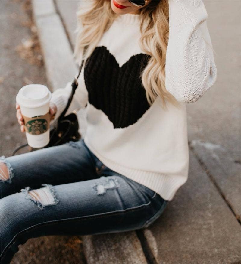 Black and White Knit Heart Sweater