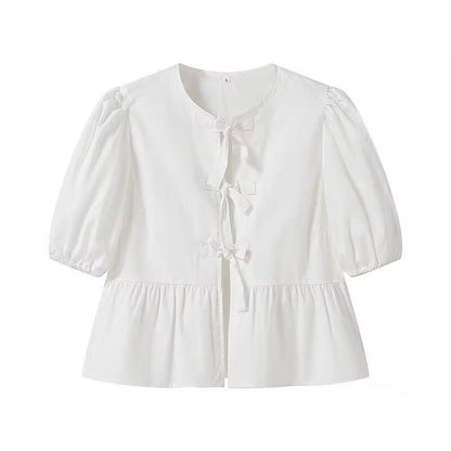 White Puff Sleeve Tie Bow Shirt