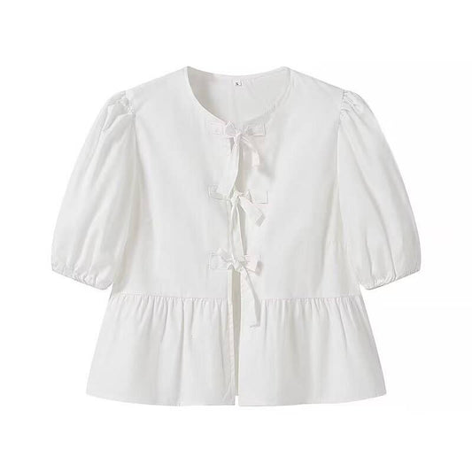 White Puff Sleeve Tie Bow Shirt