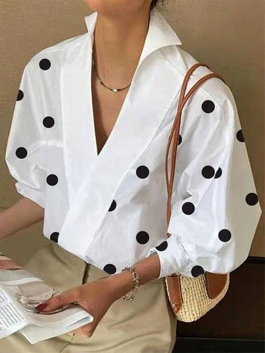 Loose Puff Sleeves Polka-Dot Lapel Collar Blouse